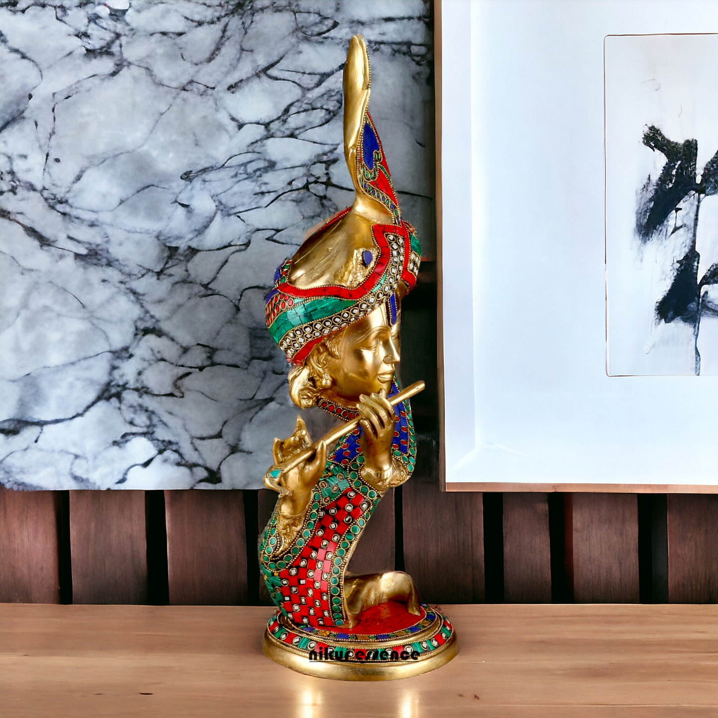 Lord Krishna Head Playing Flute with Stone Work - 20 inches Nikuressence