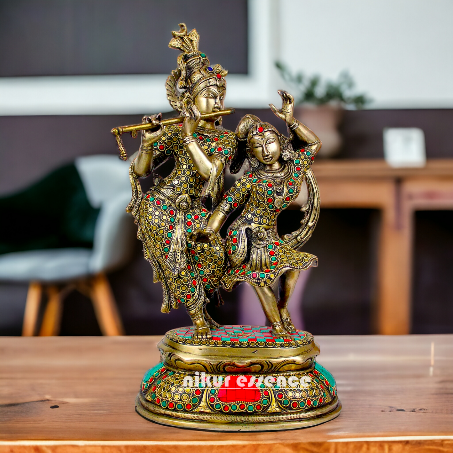 Brass Radha Krishna brass with Stone Work idol - 16 inch Nikuressence