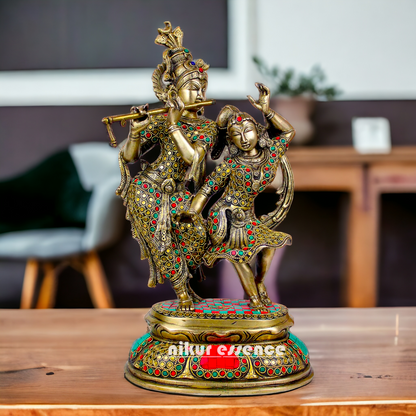 Brass Radha Krishna brass with Stone Work idol - 16 inch Nikuressence
