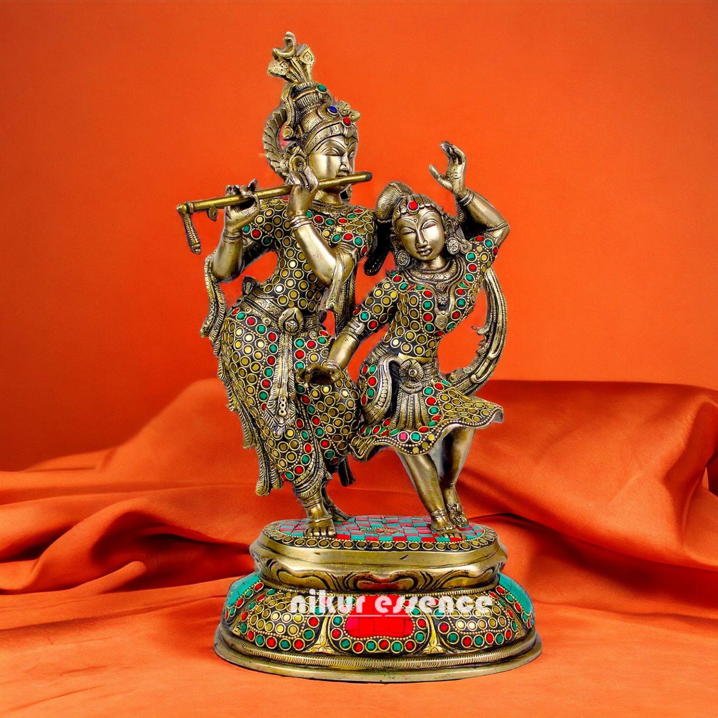 Brass Radha Krishna brass with Stone Work idol - 16 inch Nikuressence