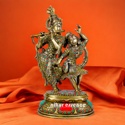 Brass Radha Krishna brass with Stone Work idol - 16 inch Nikuressence
