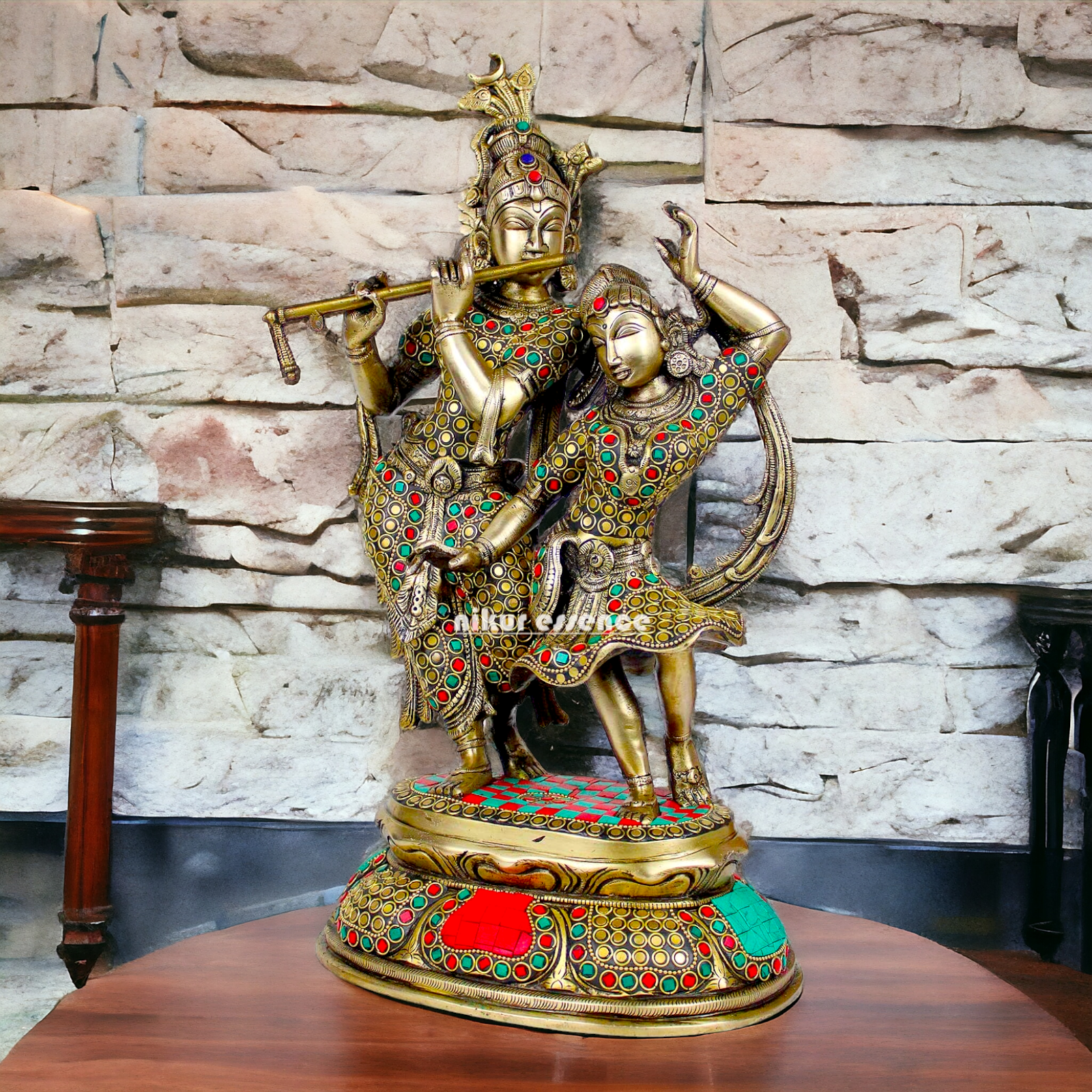Brass Radha Krishna brass with Stone Work idol - 16 inch Nikuressence
