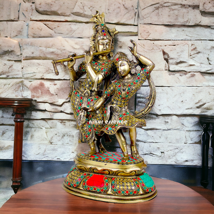 Brass Radha Krishna brass with Stone Work idol - 16 inch Nikuressence