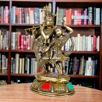 Brass Radha Krishna brass with Stone Work idol - 16 inch Nikuressence