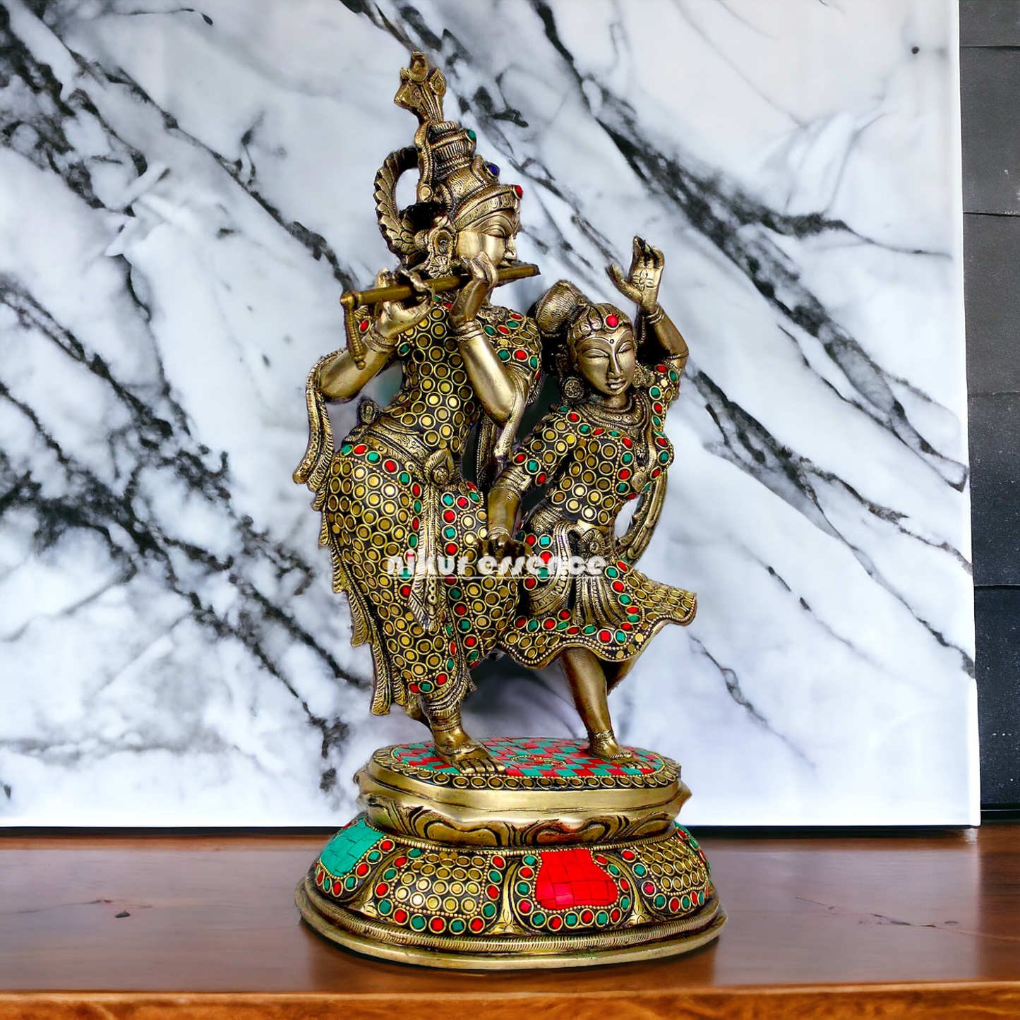 Brass Radha Krishna brass with Stone Work idol - 16 inch Nikuressence