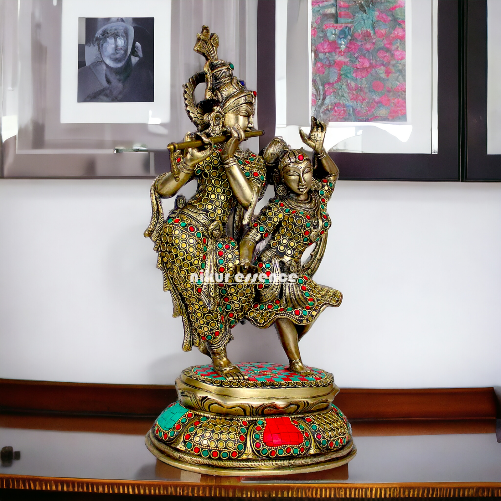 Brass Radha Krishna brass with Stone Work idol - 16 inch Nikuressence