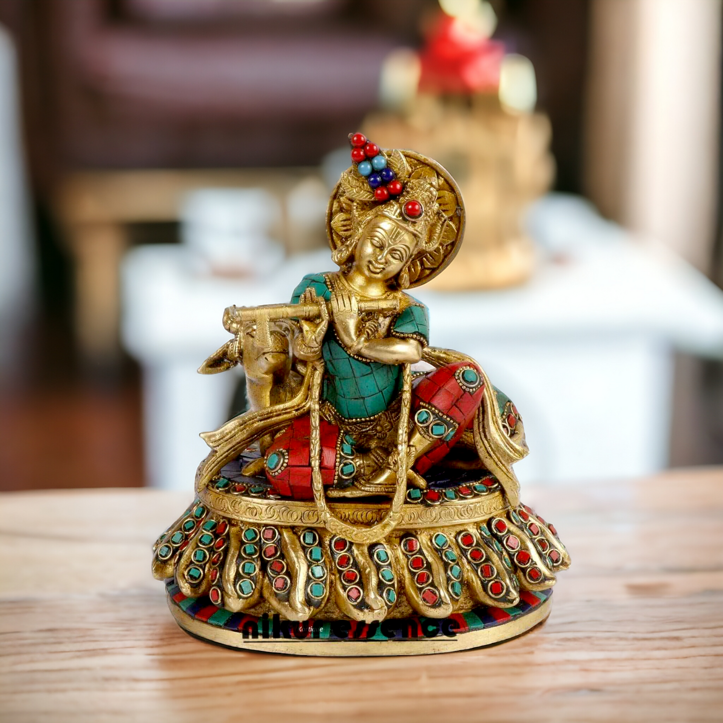 Lord Krishna Standing Brass with stone work idol - 7 inches Nikuressence