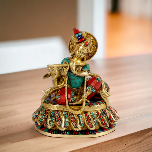 Lord Krishna Standing Brass with stone work idol - 7 inches Nikuressence