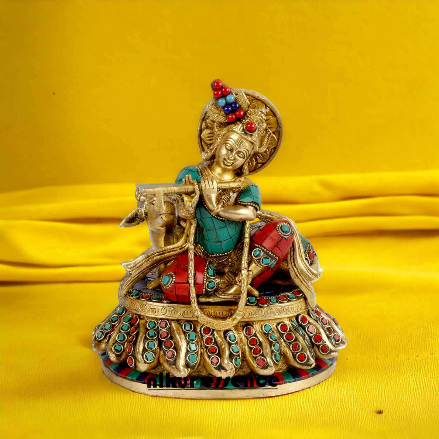 Lord Krishna Standing Brass with stone work idol - 7 inches Nikuressence