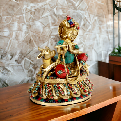 Lord Krishna Standing Brass with stone work idol - 7 inches Nikuressence