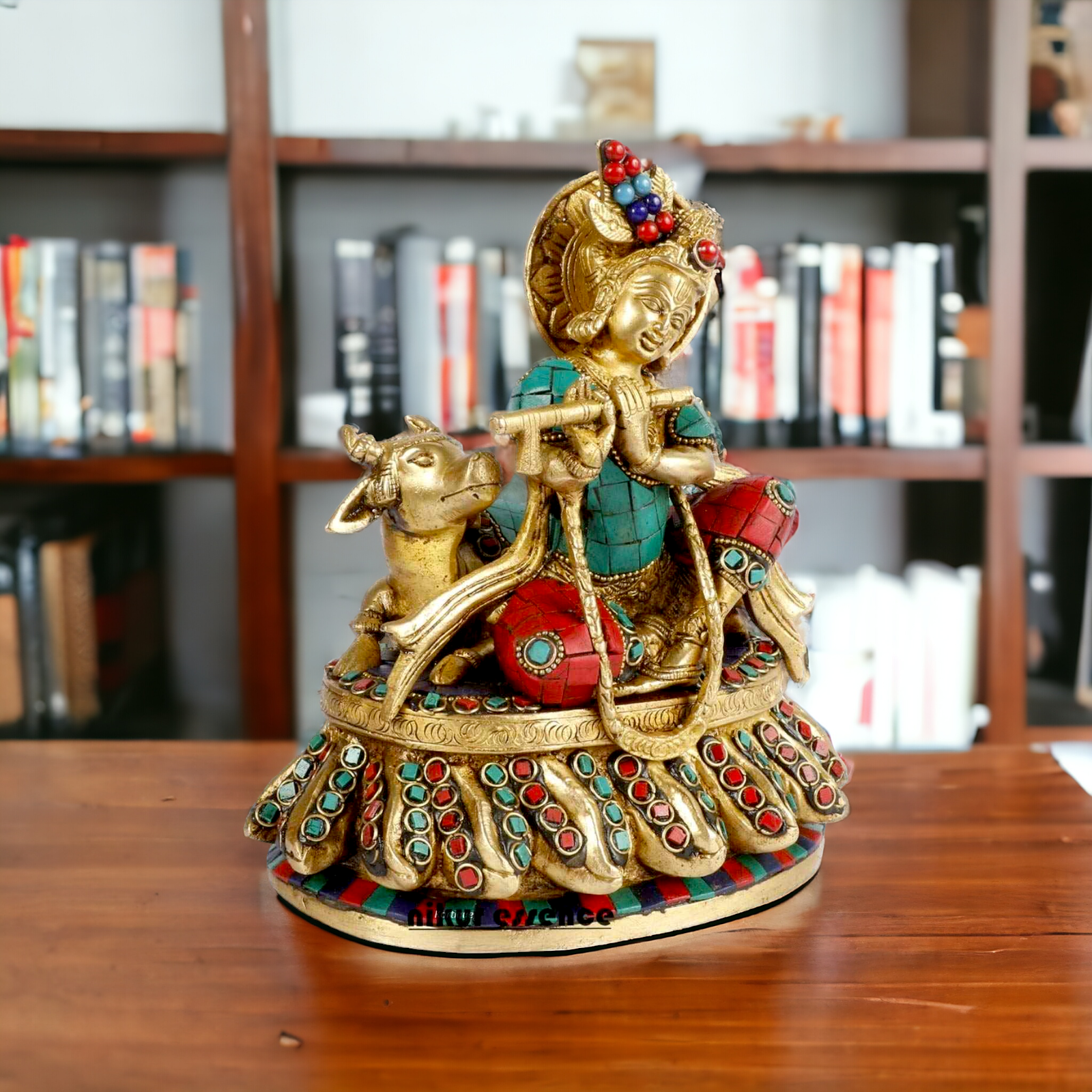 Lord Krishna Standing Brass with stone work idol - 7 inches Nikuressence