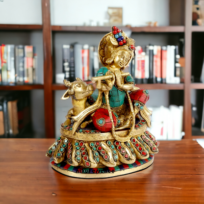 Lord Krishna Standing Brass with stone work idol - 7 inches Nikuressence