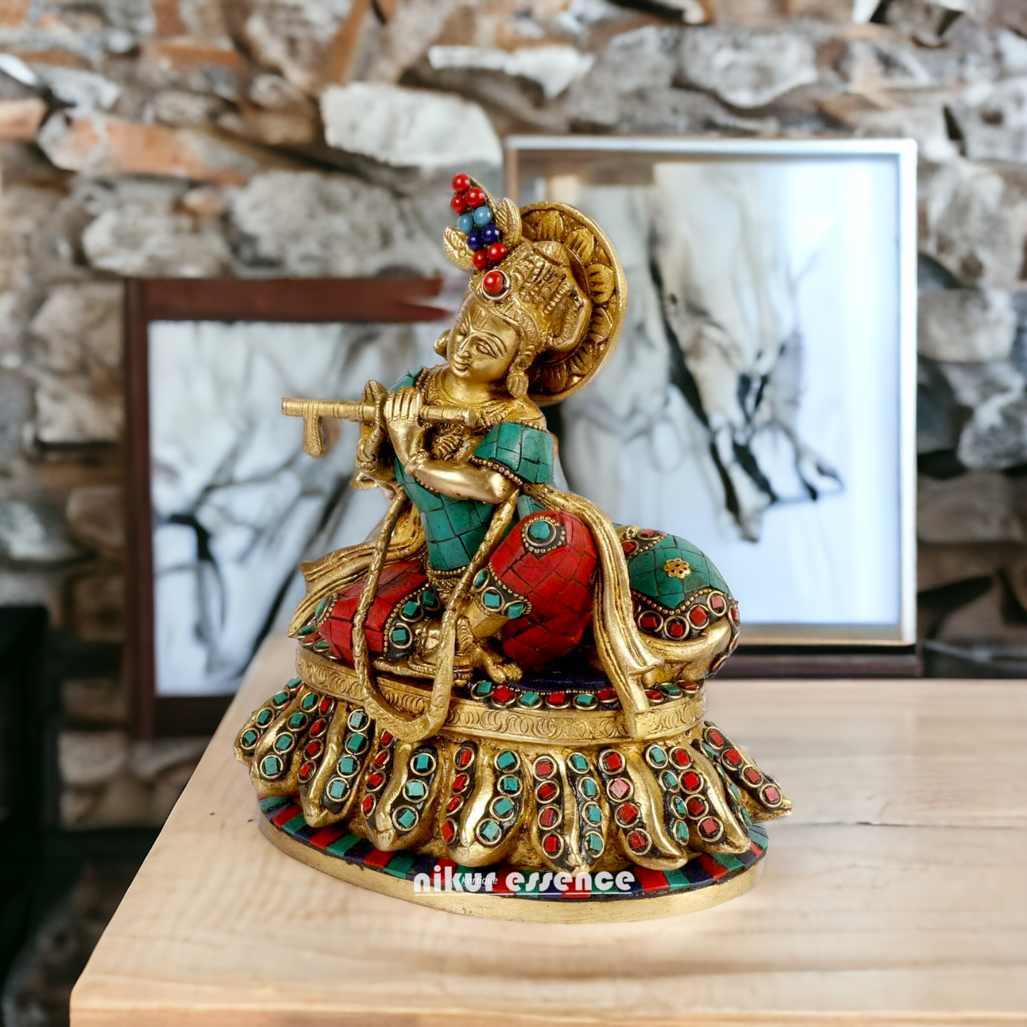 Lord Krishna Standing Brass with stone work idol - 7 inches Nikuressence