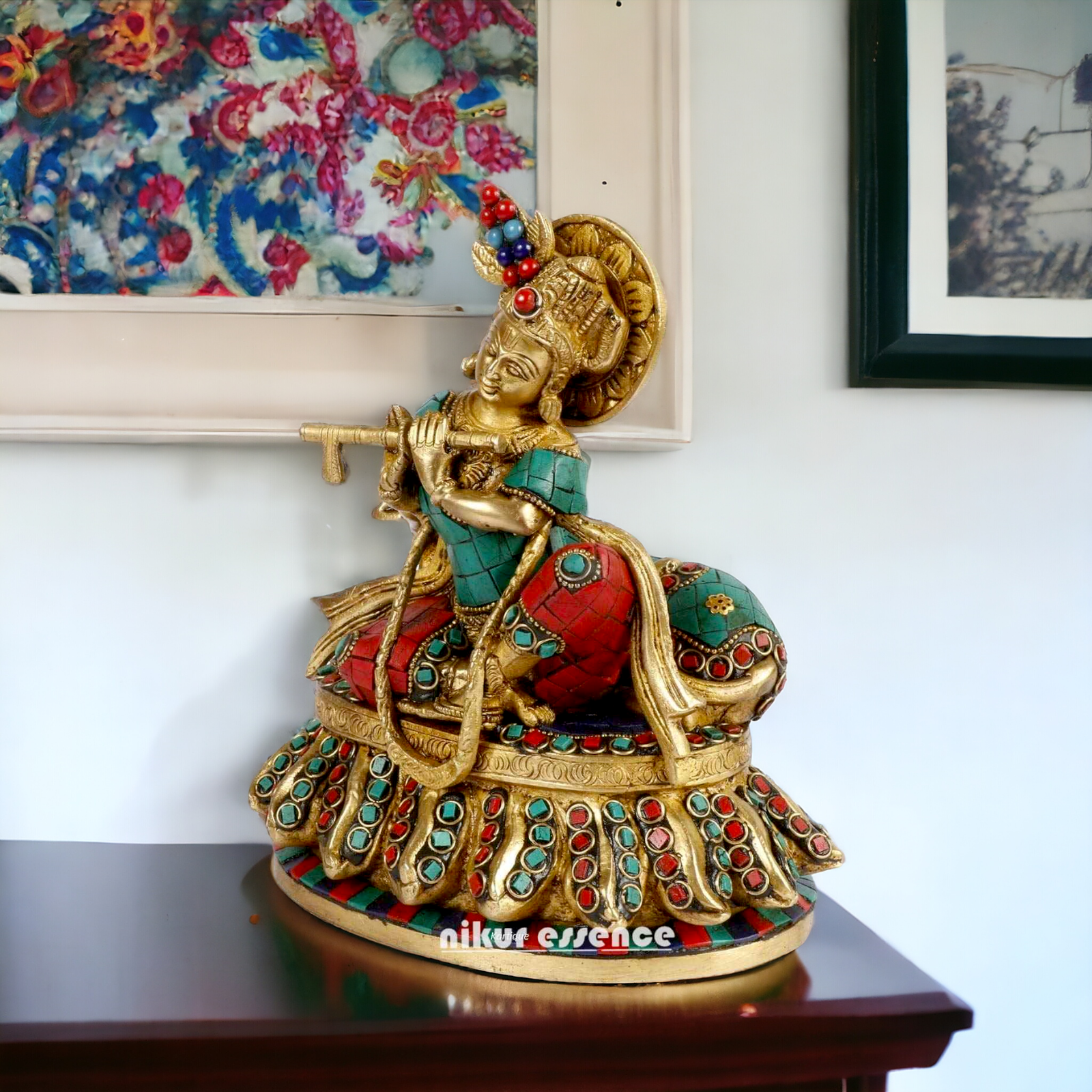 Lord Krishna Standing Brass with stone work idol - 7 inches Nikuressence