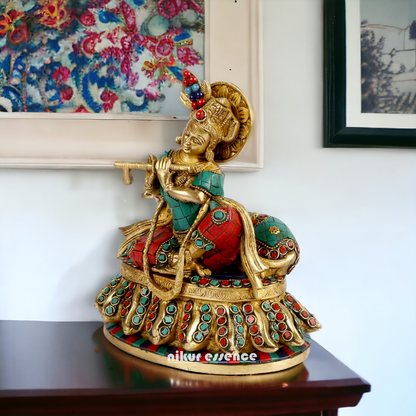 Lord Krishna Standing Brass with stone work idol - 7 inches Nikuressence