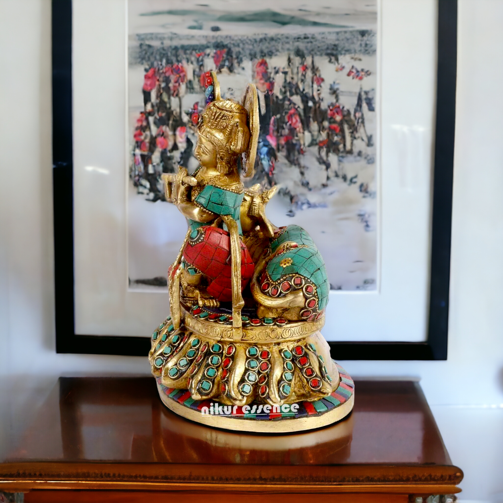 Lord Krishna Standing Brass with stone work idol - 7 inches Nikuressence