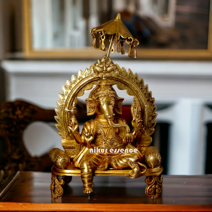 Lord Ganesha Seated on Singhasan Solid Brass idol - 17 inches Nikuressence