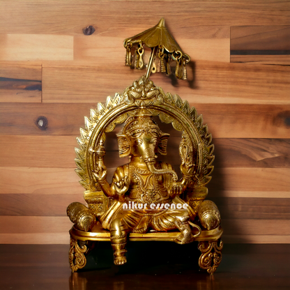 Lord Ganesha Seated on Singhasan Solid Brass idol - 17 inches Nikuressence