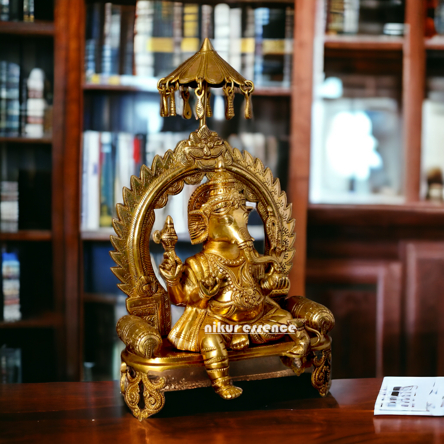 Lord Ganesha Seated on Singhasan Solid Brass idol - 17 inches Nikuressence