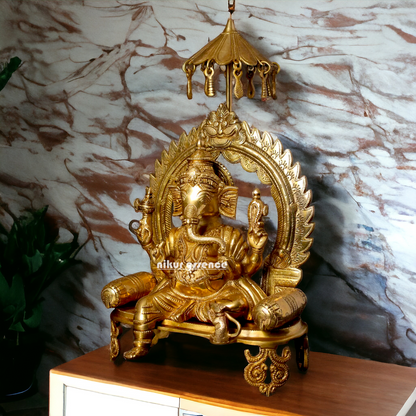 Lord Ganesha Seated on Singhasan Solid Brass idol - 17 inches Nikuressence