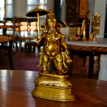 Big Ganesha Vinayaka standing with umbrella Brass idol - 14 inches Nikuressence