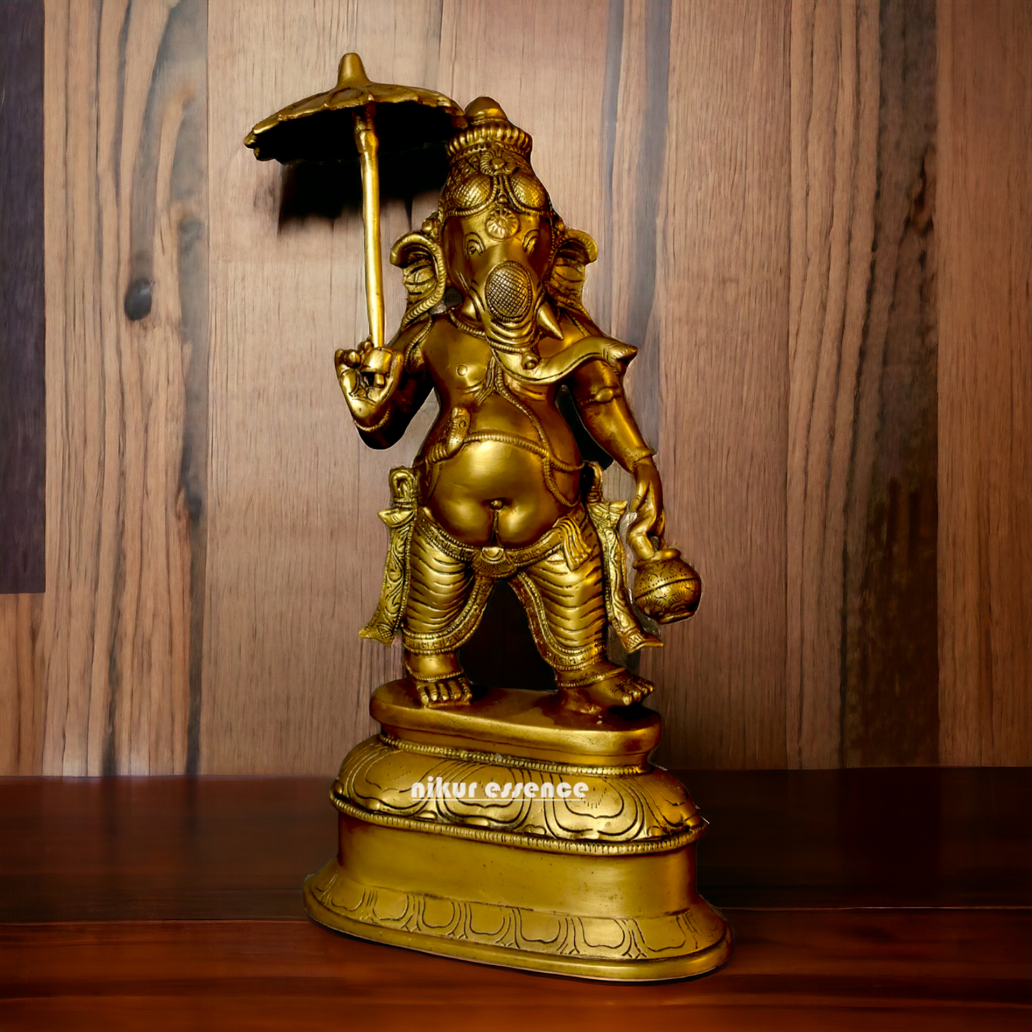 Big Ganesha Vinayaka standing with umbrella Brass idol - 14 inches Nikuressence