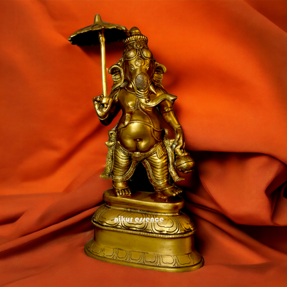 Big Ganesha Vinayaka standing with umbrella Brass idol - 14 inches Nikuressence
