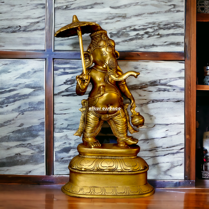 Big Ganesha Vinayaka standing with umbrella Brass idol - 14 inches Nikuressence