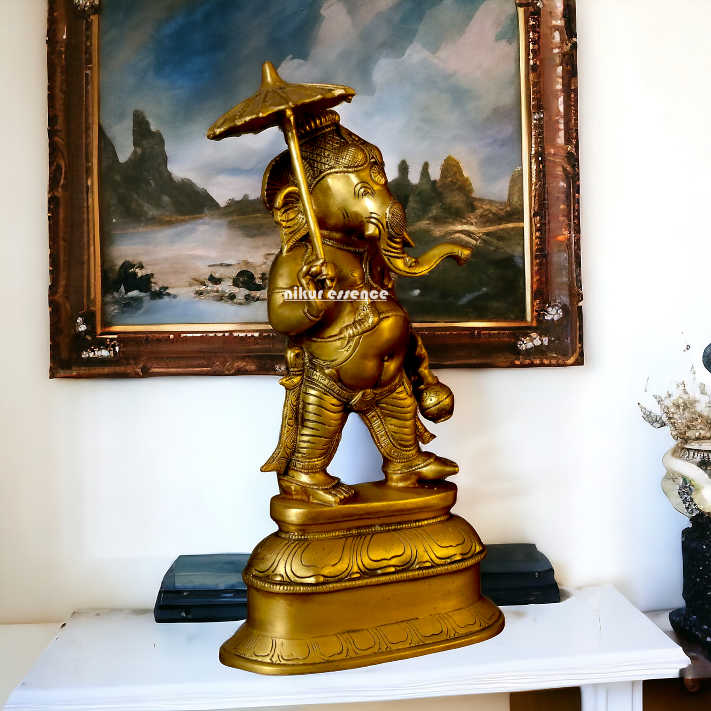 Big Ganesha Vinayaka standing with umbrella Brass idol - 14 inches Nikuressence