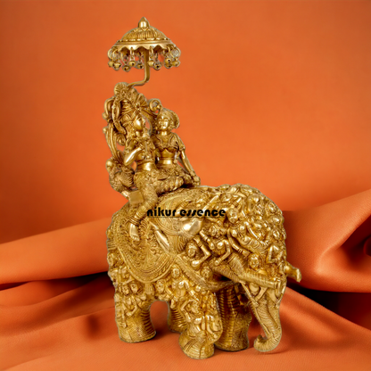Pure Brass Radha Krishna Riding on Elephant brass statue - 23 inches Nikuressence