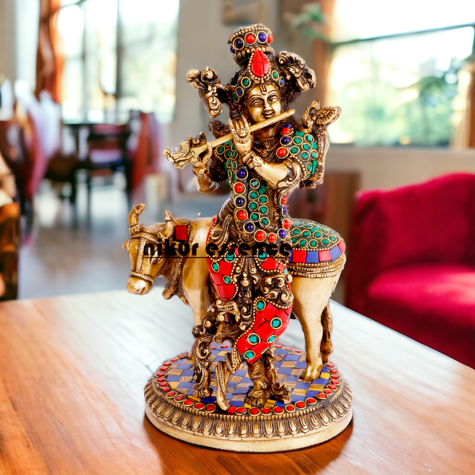 Lord Krishna with Cow brass with Stone Work Idol- 10 inch Nikuressence