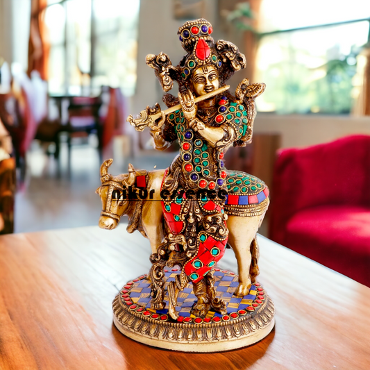 Lord Krishna with Cow brass with Stone Work Idol- 10 inch Nikuressence
