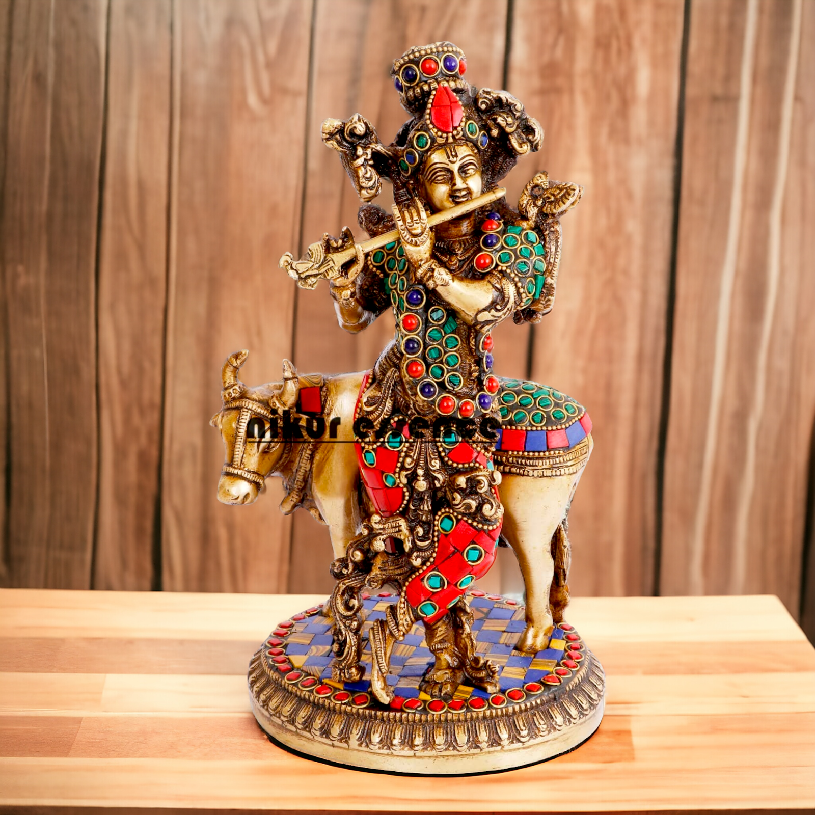 Lord Krishna with Cow brass with Stone Work Idol- 10 inch Nikuressence