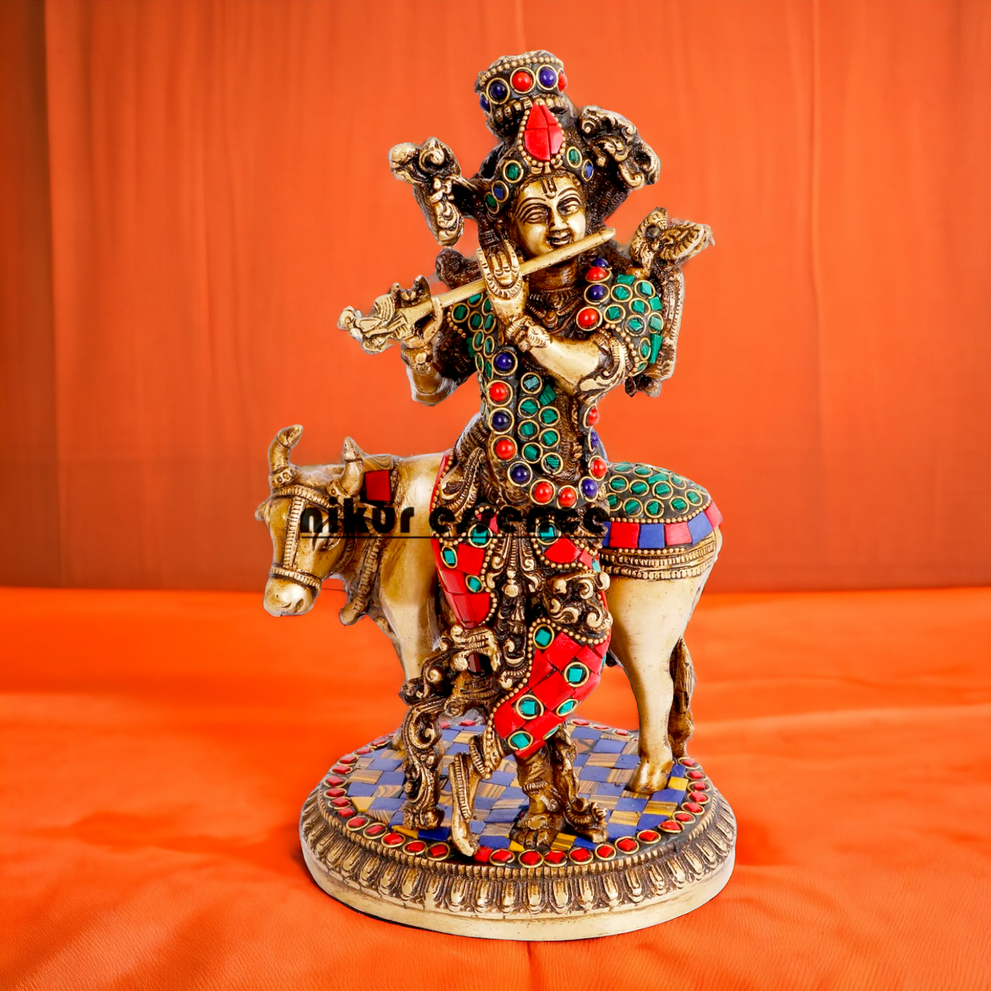 Lord Krishna with Cow brass with Stone Work Idol- 10 inch Nikuressence