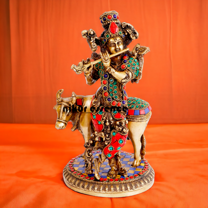 Lord Krishna with Cow brass with Stone Work Idol- 10 inch Nikuressence