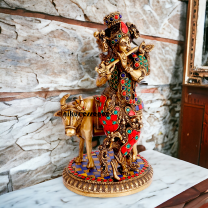 Lord Krishna with Cow brass with Stone Work Idol- 10 inch Nikuressence
