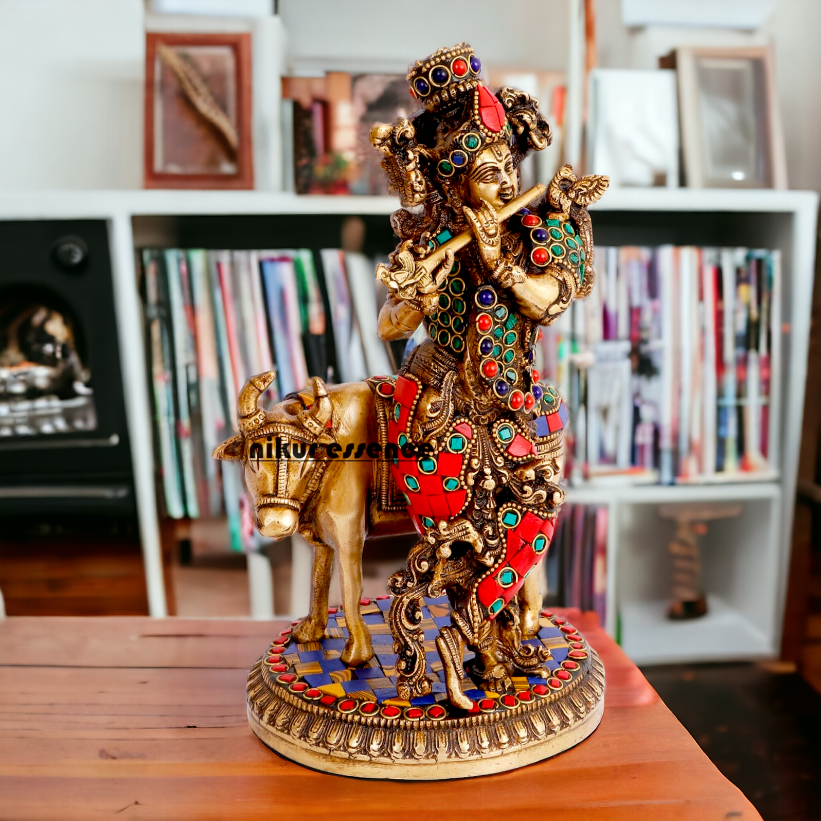 Lord Krishna with Cow brass with Stone Work Idol- 10 inch Nikuressence