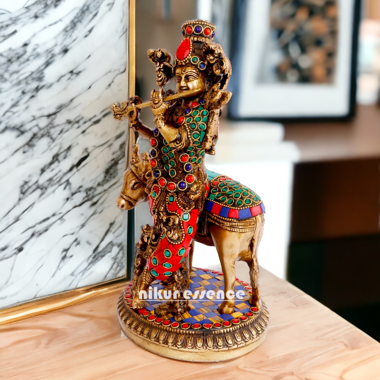 Lord Krishna with Cow brass with Stone Work Idol- 10 inch Nikuressence