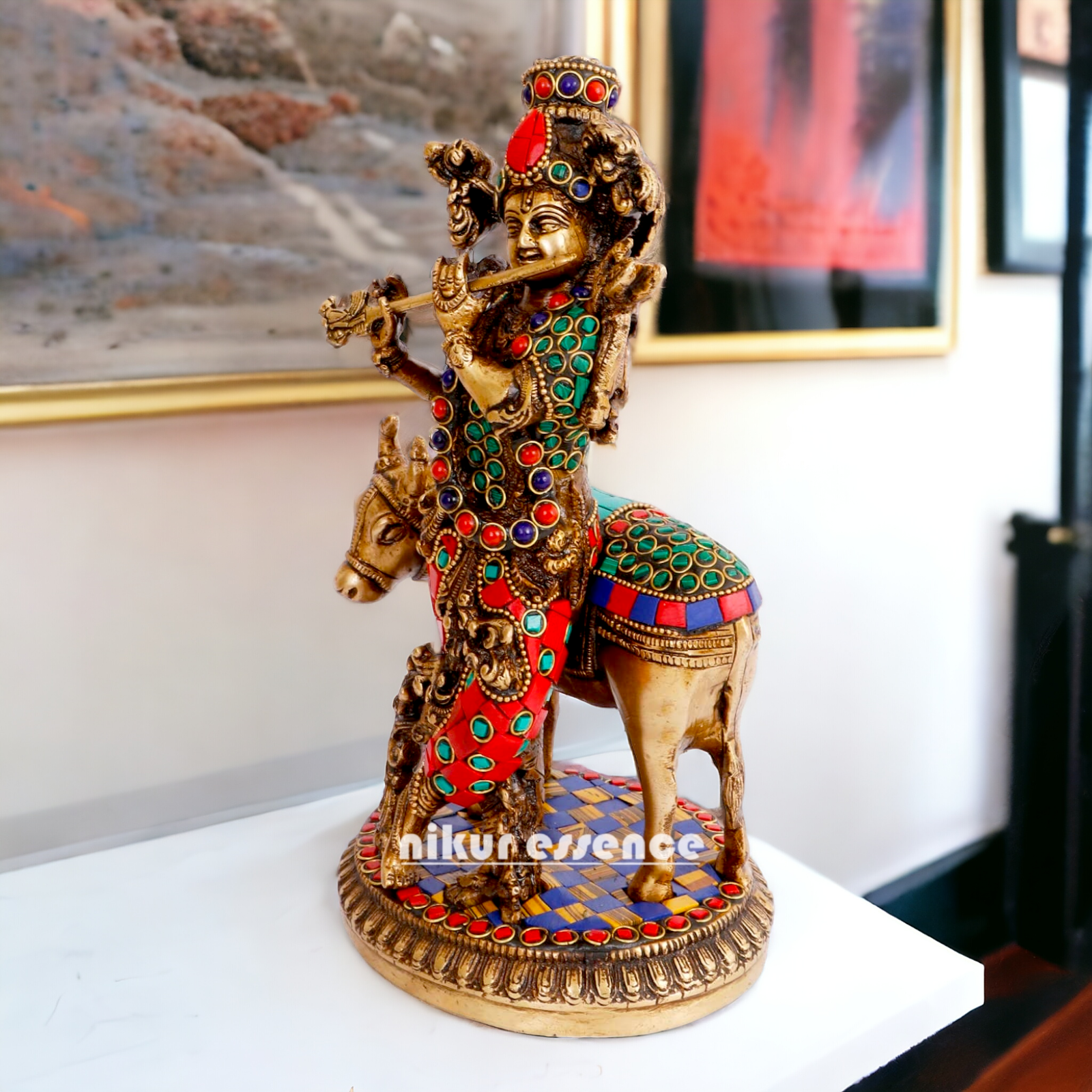 Lord Krishna with Cow brass with Stone Work Idol- 10 inch Nikuressence