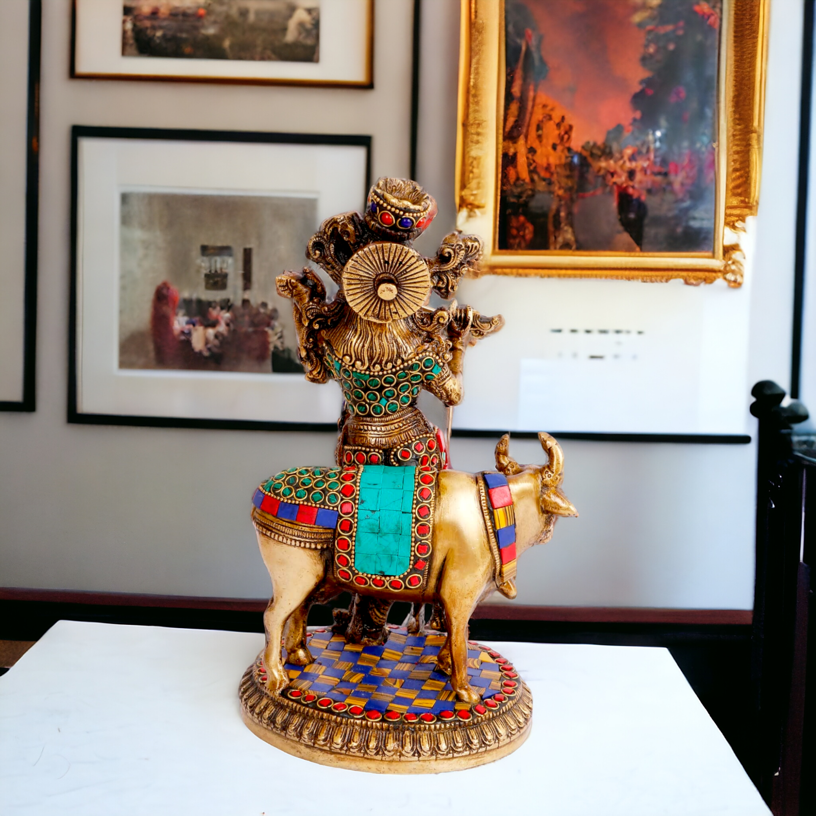 Lord Krishna with Cow brass with Stone Work Idol- 10 inch Nikuressence