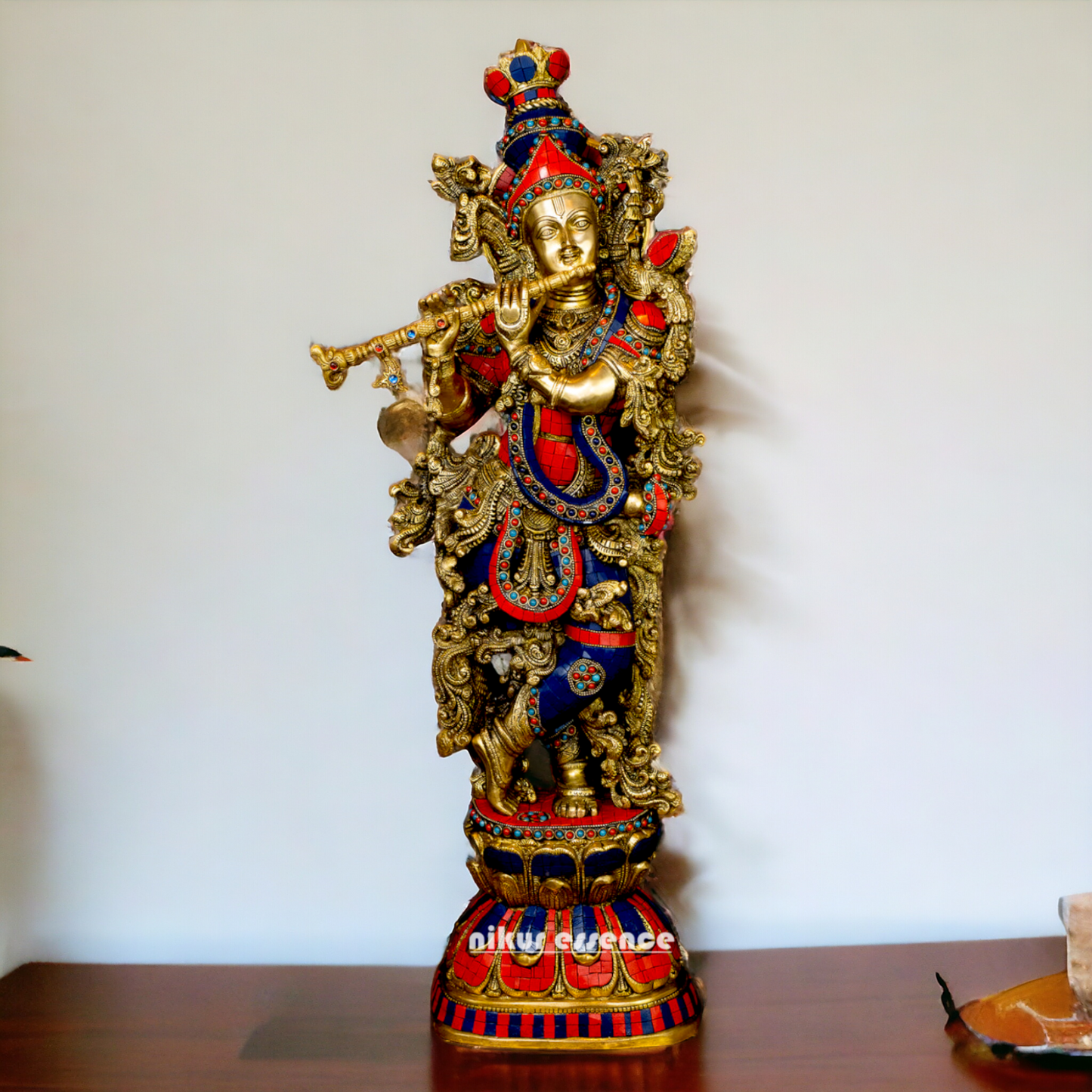 Big Krishna Gopala Brass idol with Stone work - 29 inches Nikuressence