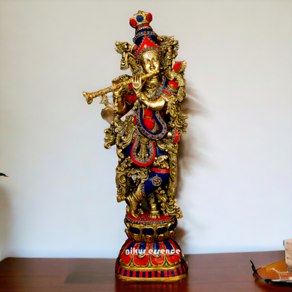 Big Krishna Gopala Brass idol with Stone work - 29 inches Nikuressence