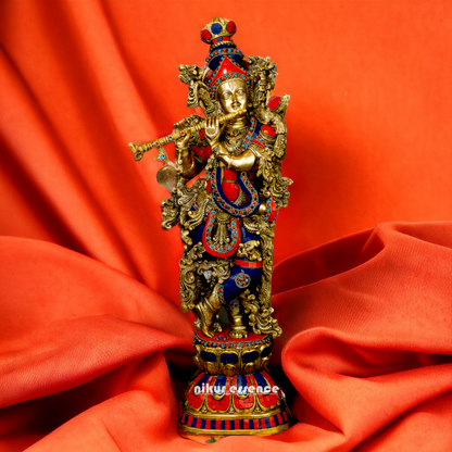 Big Krishna Gopala Brass idol with Stone work - 29 inches Nikuressence