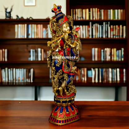 Big Krishna Gopala Brass idol with Stone work - 29 inches Nikuressence