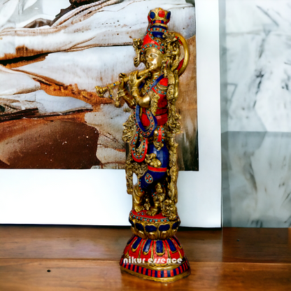 Big Krishna Gopala Brass idol with Stone work - 29 inches Nikuressence