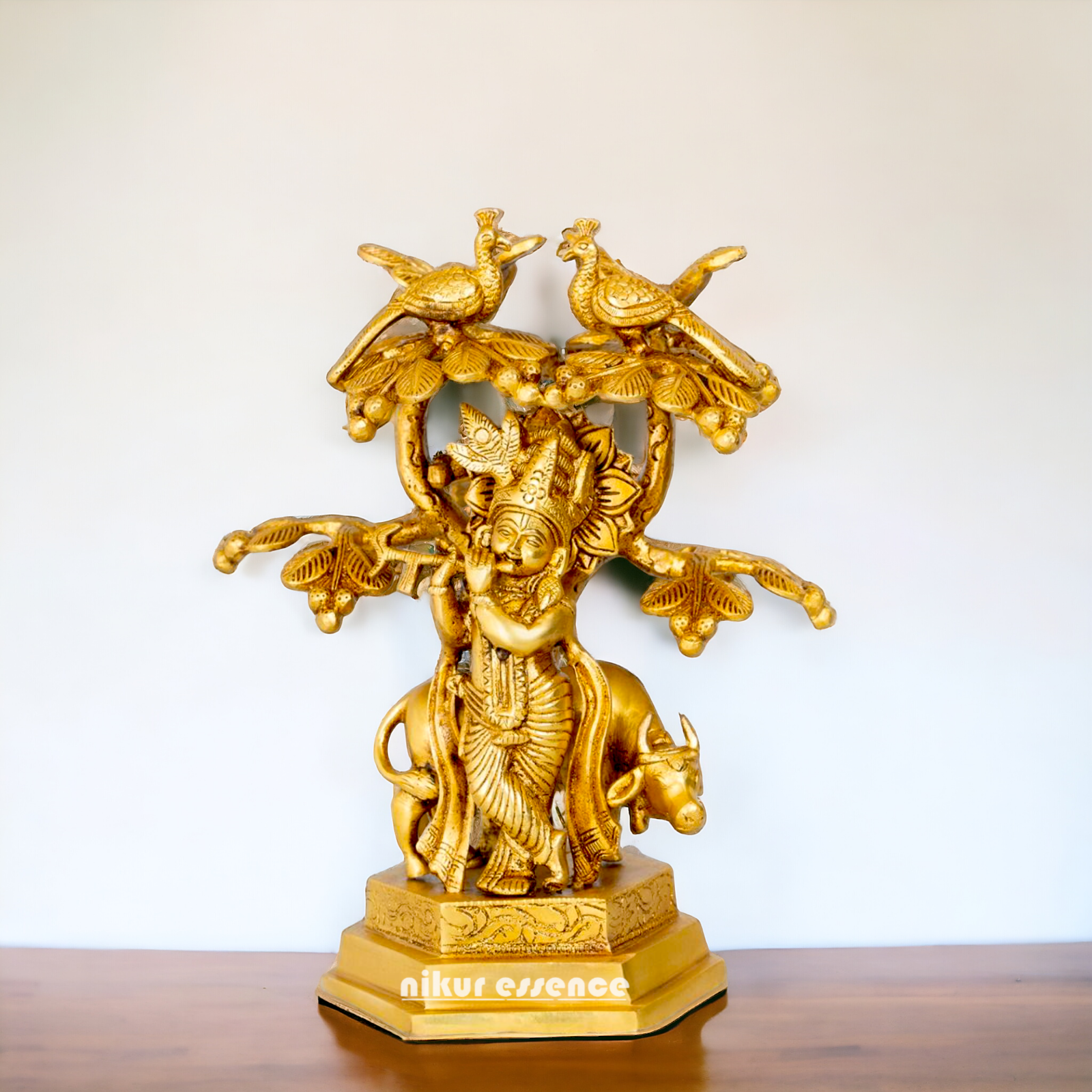 Solid Brass Krishna Govind with Tree and cow idol - 10.5 inches Nikuressence