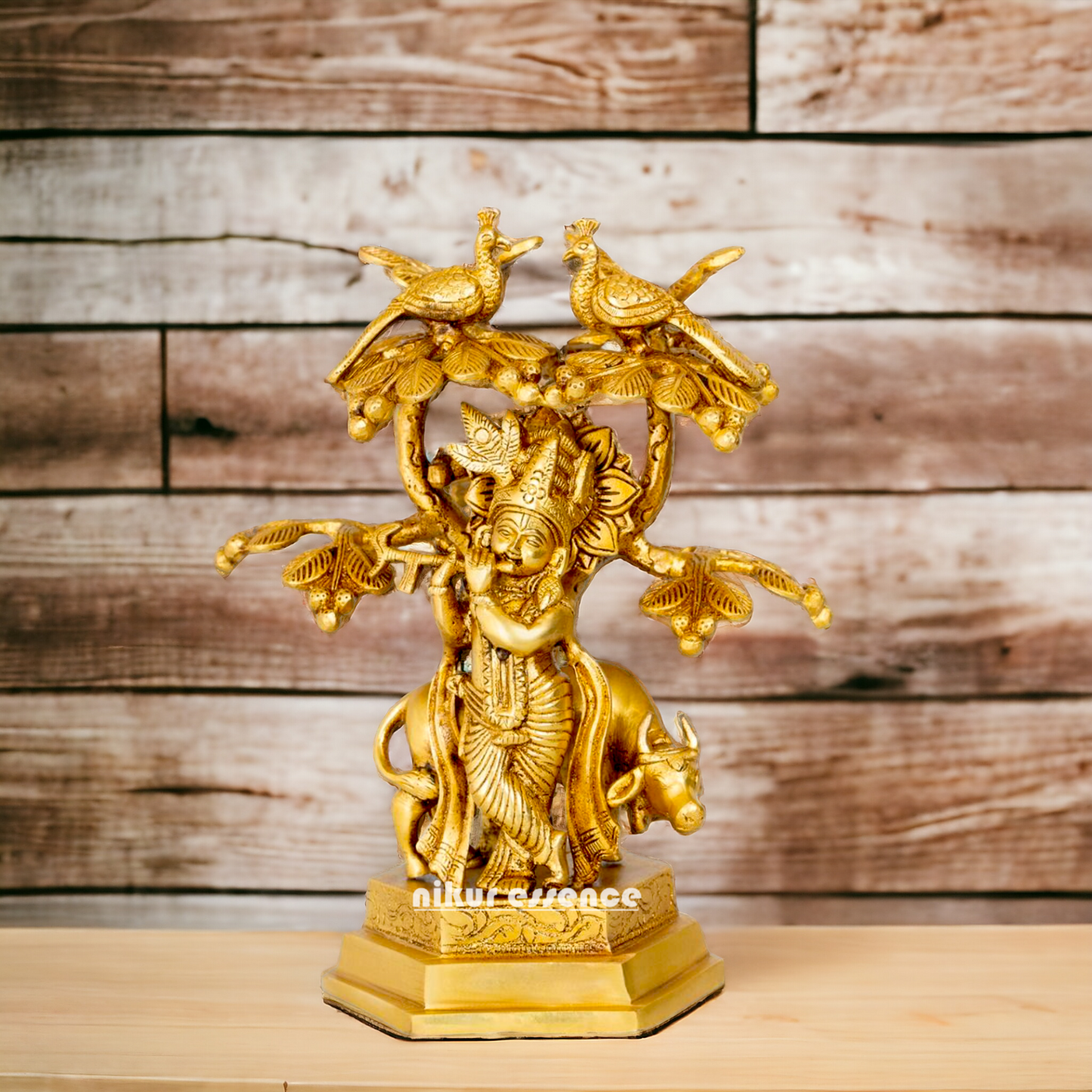 Solid Brass Krishna Govind with Tree and cow idol - 10.5 inches Nikuressence