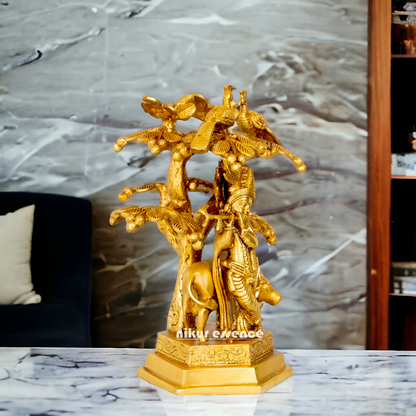 Solid Brass Krishna Govind with Tree and cow idol - 10.5 inches Nikuressence