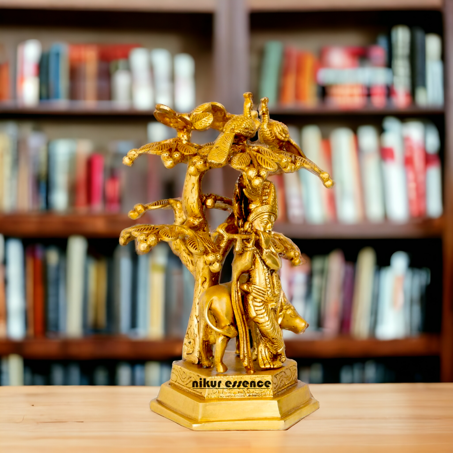 Solid Brass Krishna Govind with Tree and cow idol - 10.5 inches Nikuressence