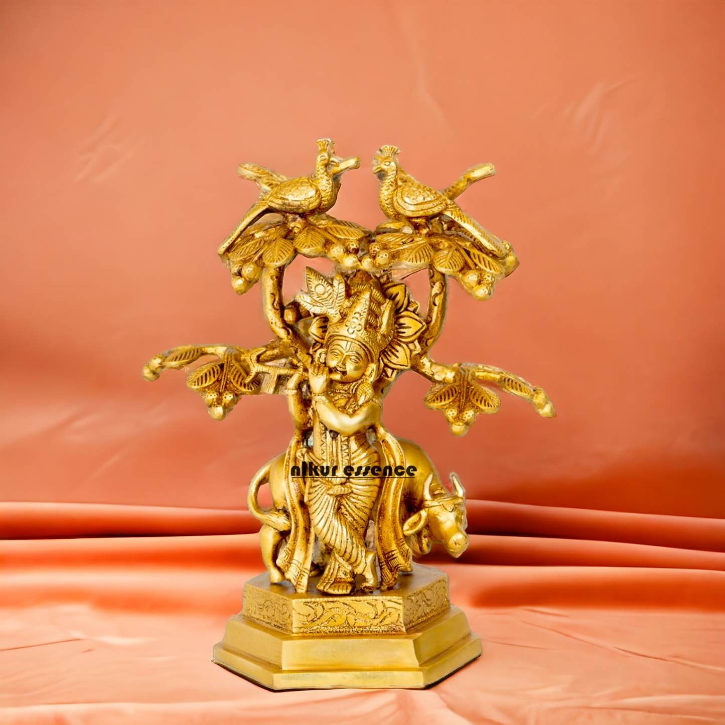 Solid Brass Krishna Govind with Tree and cow idol - 10.5 inches Nikuressence